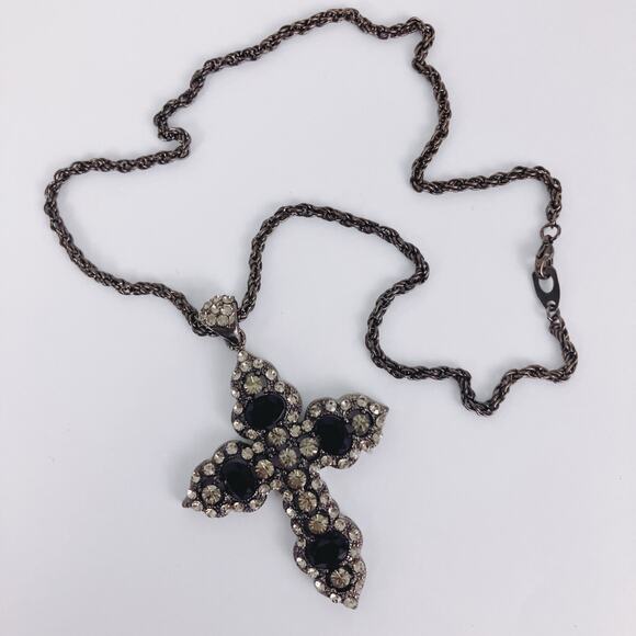 Gothic Cross Necklace Black Glass Rhinestone Silver Tone Statement Faith Pendant - Picture 3 of 13